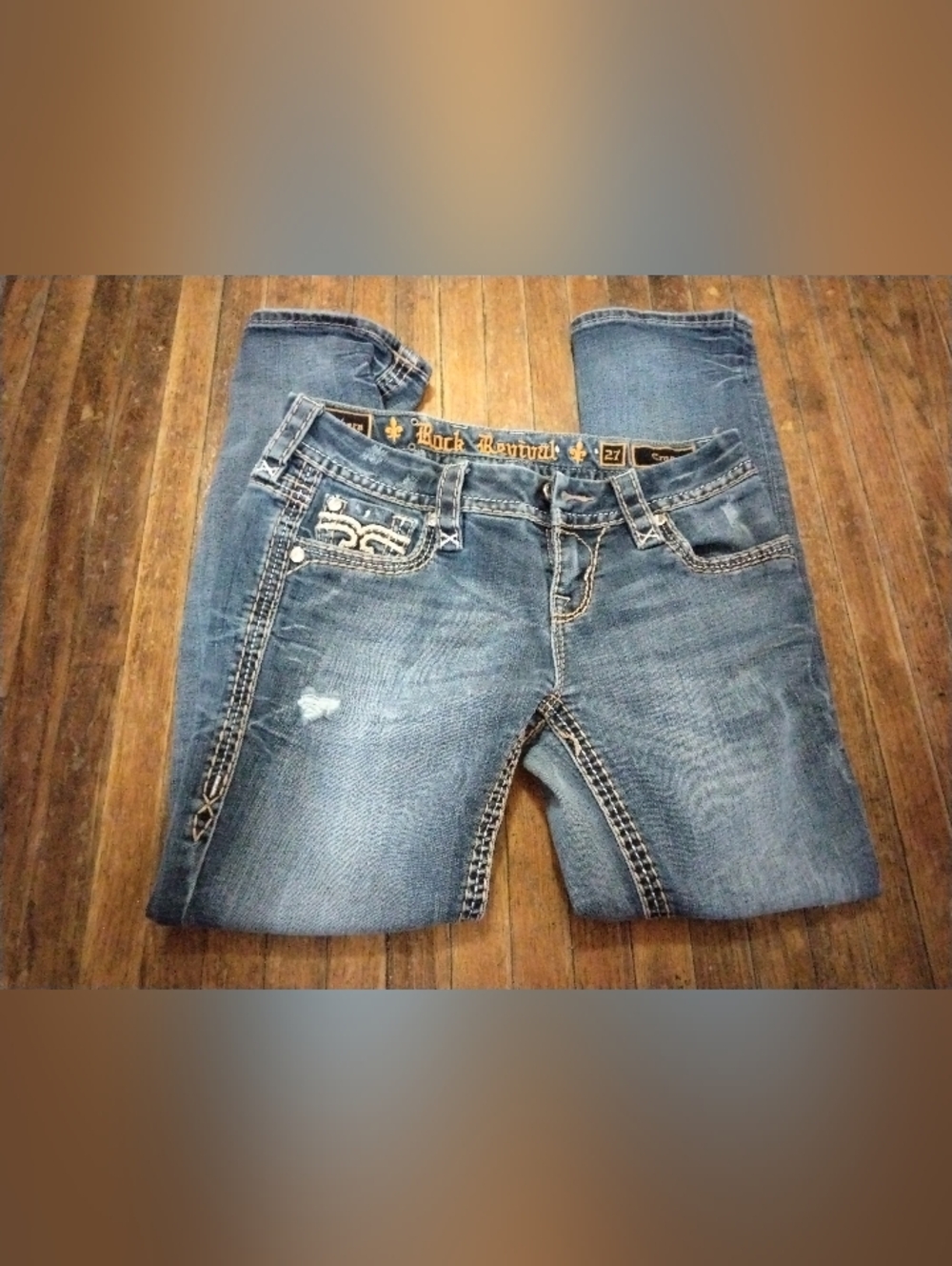 Rock Revival Medium Blue Cropped Jeans with Embroidered Pockets